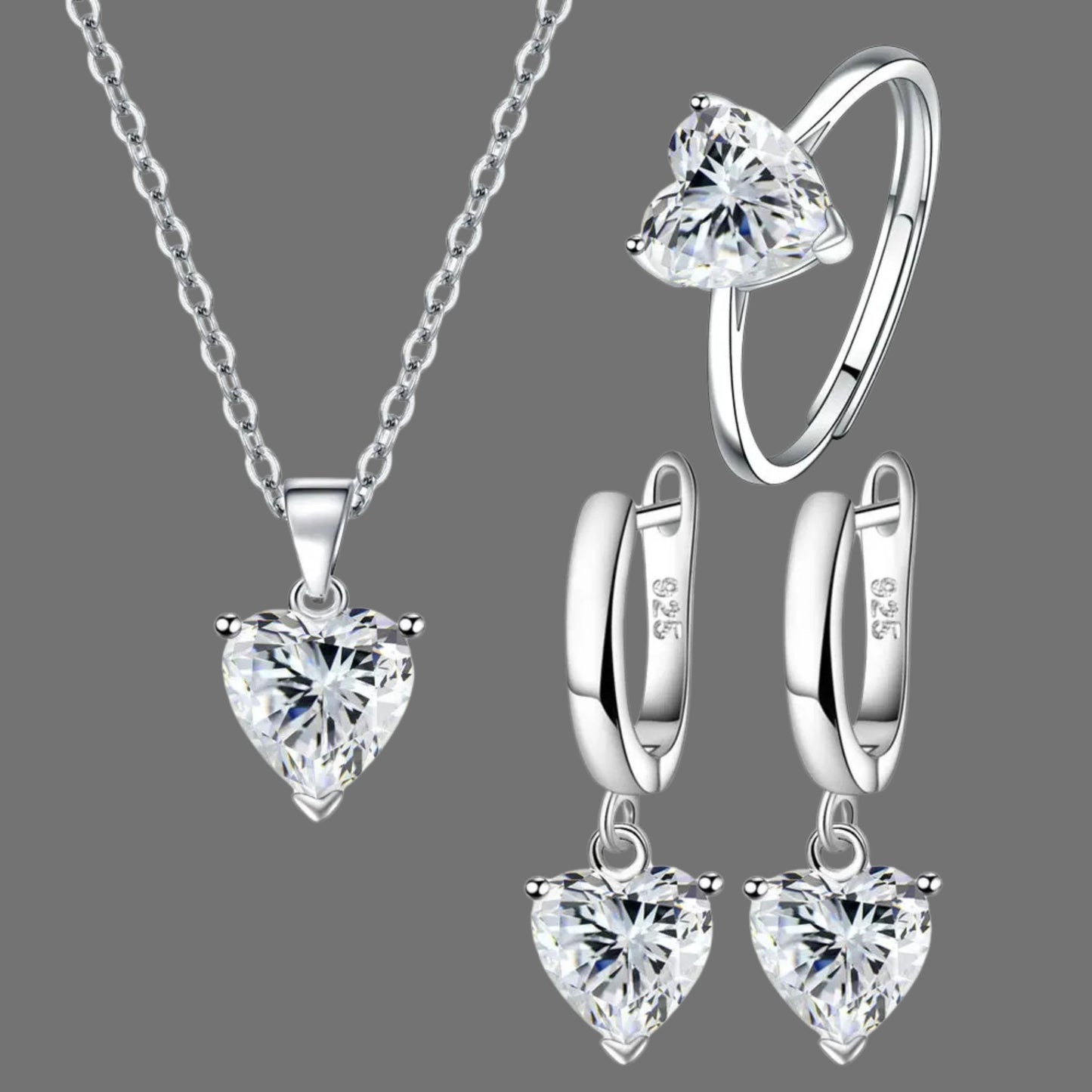 Heart Glow: Sterling Silver Ring, Earrings & Necklace Set