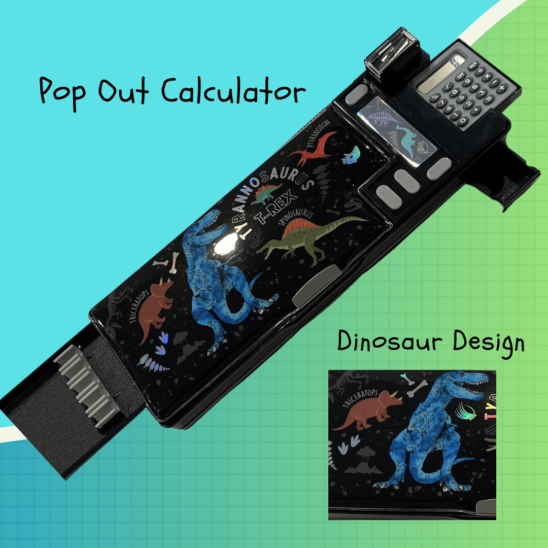 FOCUS Multi-Function Pencil Case -Pop Out Calculator and Pencil Sharpener (Dinosaur, Black) | GreenLifeHuman Emporium