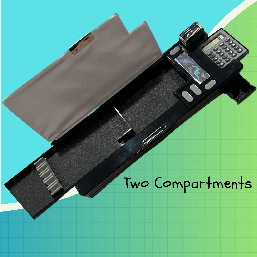 FOCUS Multi-Function Pencil Case -Pop Out Calculator and Pencil Sharpener (Dinosaur, Black) | GreenLifeHuman Emporium
