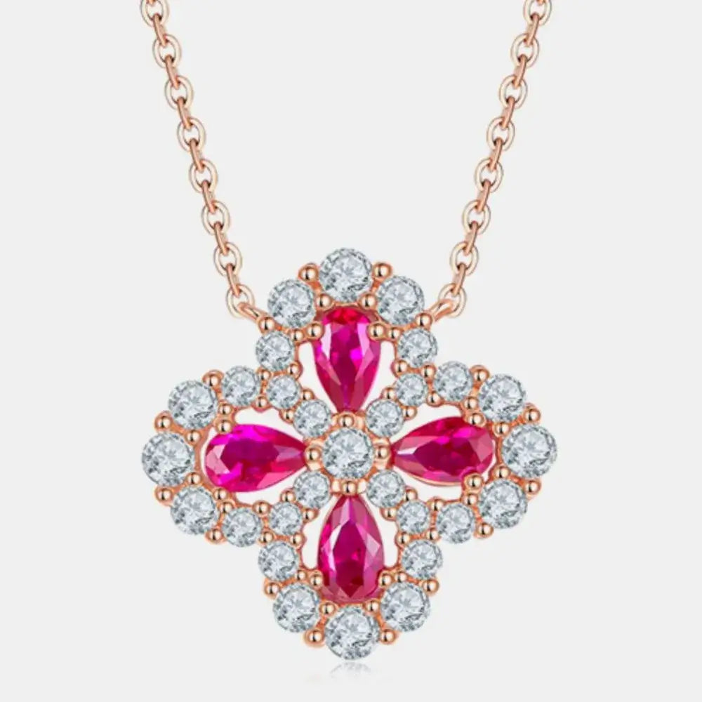 925 Sterling Silver Flower Necklace with Lab-Grown Ruby