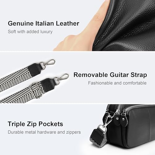 befen Black Leather Crossbody Purse Triple Zip Camera Purse Bag for Women, Cellphone Shoulder Handbag with Credit Card Slots