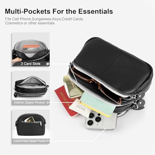 befen Black Leather Crossbody Purse Triple Zip Camera Purse Bag for Women, Cellphone Shoulder Handbag with Credit Card Slots