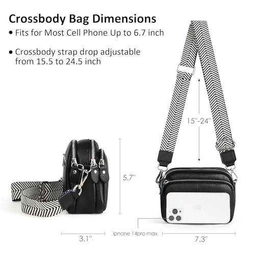 befen Black Leather Crossbody Purse Triple Zip Camera Purse Bag for Women, Cellphone Shoulder Handbag with Credit Card Slots