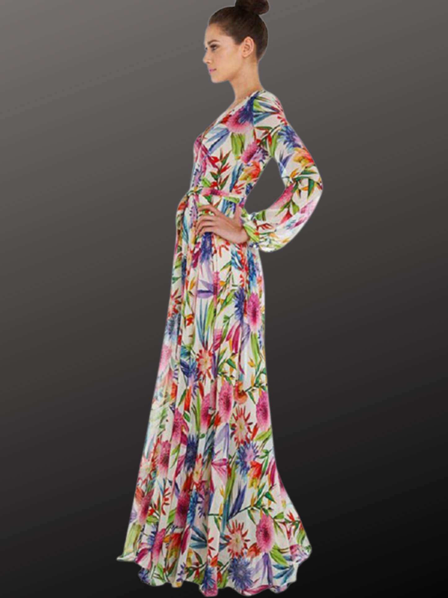 Flowing Grace: Leaf Print Lantern Sleeve Dress