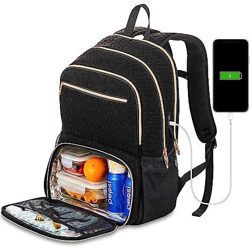 BOX Lunch Backpack for Women Men, 17-inch Laptop Backpack with USB Charging Port, Large Computer Backpack with Lunch Compartment, Insulated Backpack Lunch Bag for Work Travel (Black, 17in)