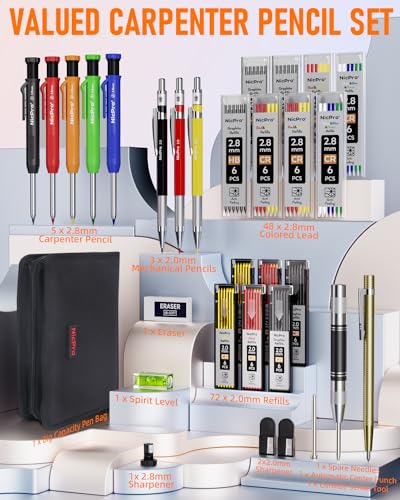 Micro 31 Pack Carpenter Pencil Set with Sharpener, Mechanical Carpenter Pencils with 128PCS Refills and Carbide Scribe Tool, Heavy Duty Construction Pencils for Architect Woodworking-With Canvas Case
