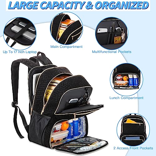 BOX Lunch Backpack for Women Men, 17-inch Laptop Backpack with USB Charging Port, Large Computer Backpack with Lunch Compartment, Insulated Backpack Lunch Bag for Work Travel (Black, 17in)
