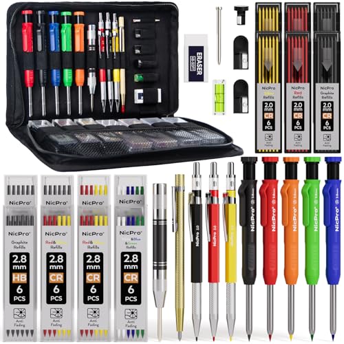 Micro 31 Pack Carpenter Pencil Set with Sharpener, Mechanical Carpenter Pencils with 128PCS Refills and Carbide Scribe Tool, Heavy Duty Construction Pencils for Architect Woodworking-With Canvas Case