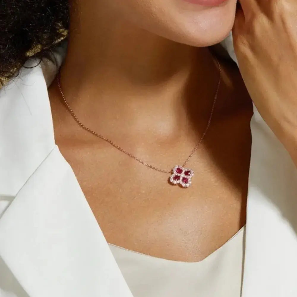 925 Sterling Silver Flower Necklace with Lab-Grown Ruby