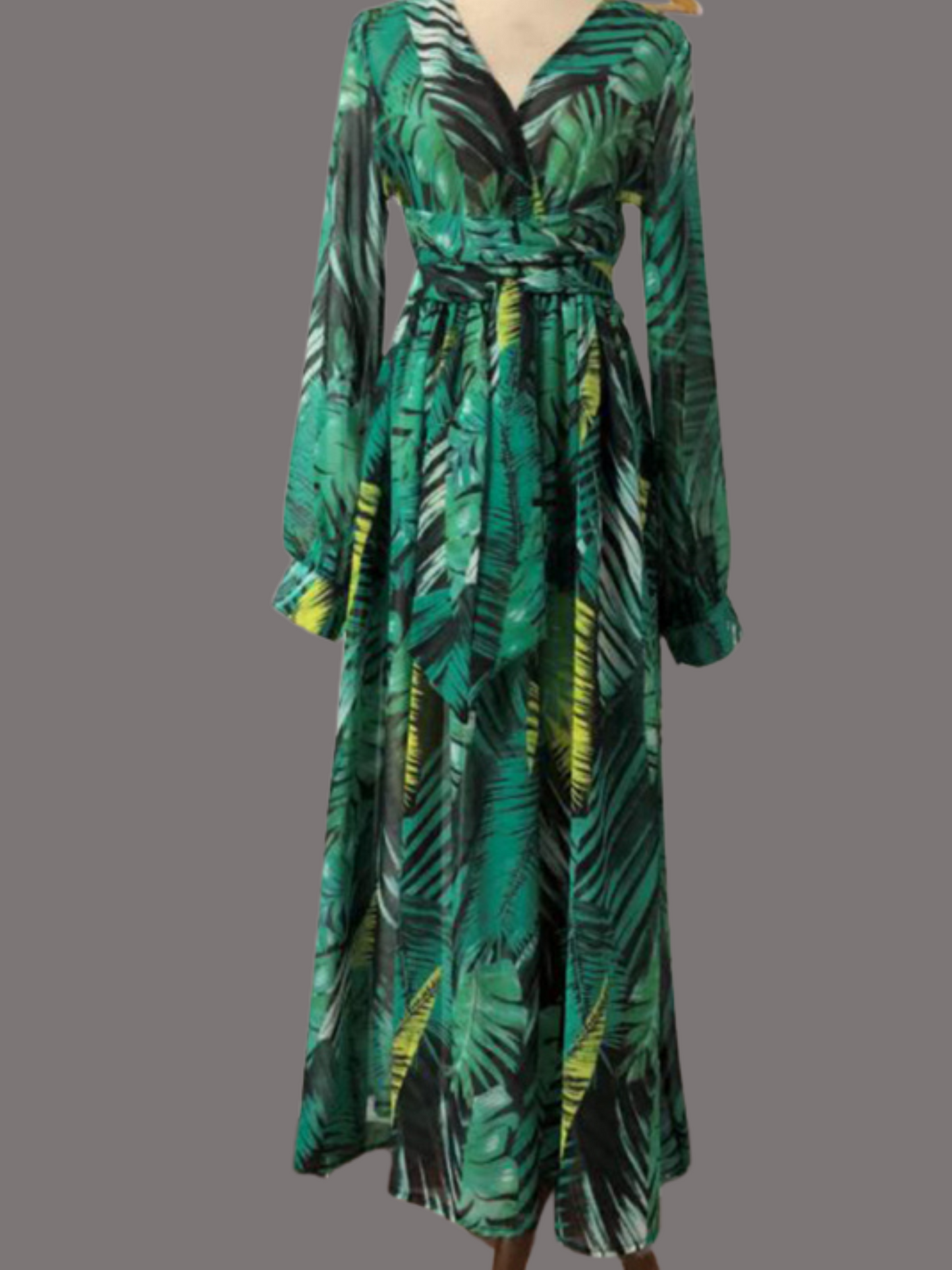 Flowing Grace: Leaf Print Lantern Sleeve Dress