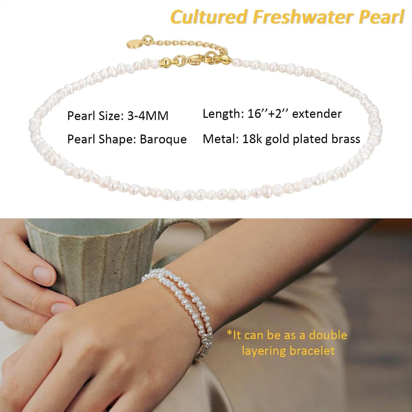 Baroque Pearl Choker Necklace – 3-4mm Freshwater Pearls 16"