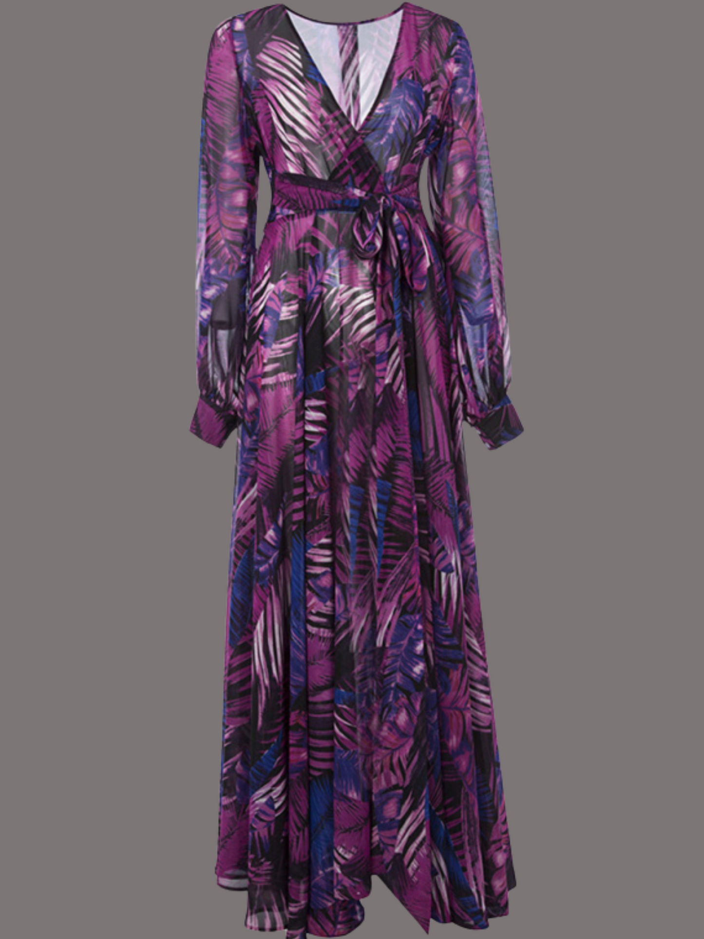 Flowing Grace: Leaf Print Lantern Sleeve Dress