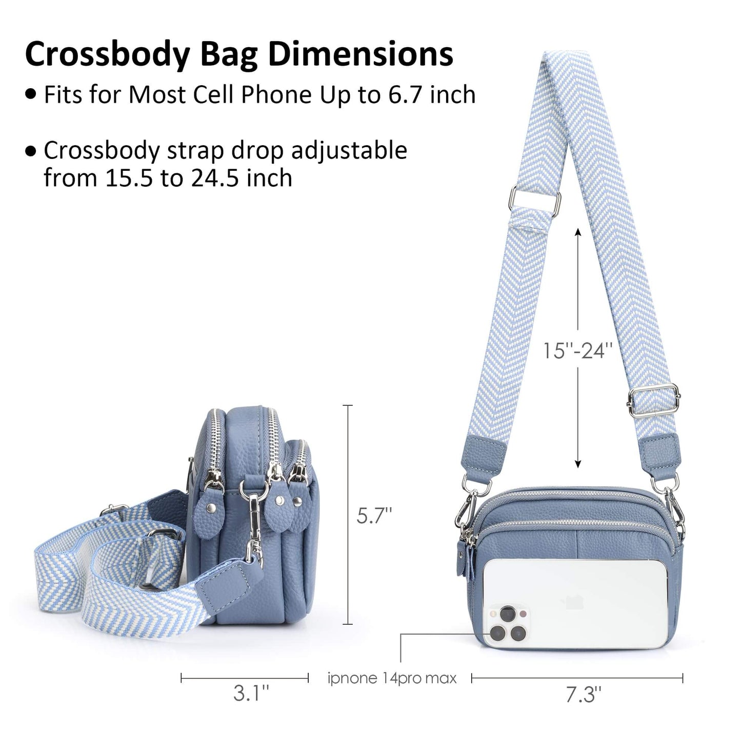 befen Triple Zip Small Real Leather Camera Crossbody Bag for Women Cell Phone Purse Shoulder Handbag with Wide Strap Air Force Blue