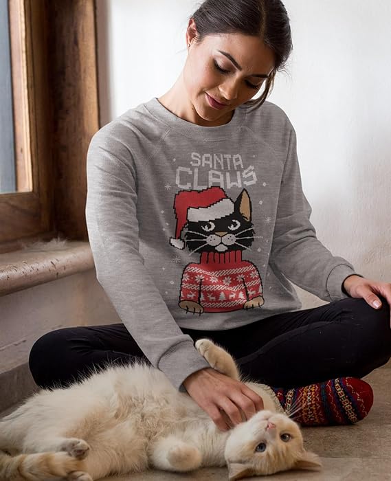 Santa Claws Cat Ugly Christmas Sweater / Sweatshirt - Red & Gray | GreenLifeHuman Emporium