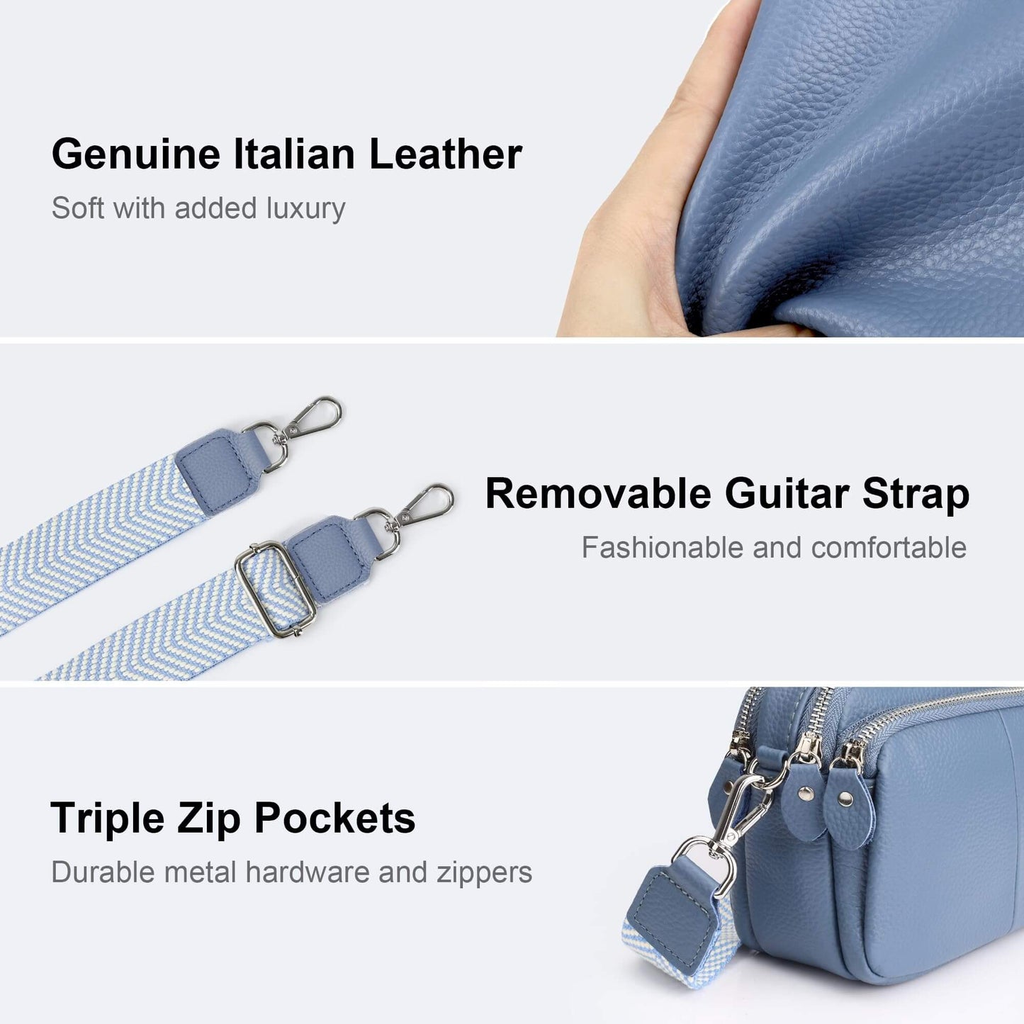 befen Triple Zip Small Real Leather Camera Crossbody Bag for Women Cell Phone Purse Shoulder Handbag with Wide Strap Air Force Blue