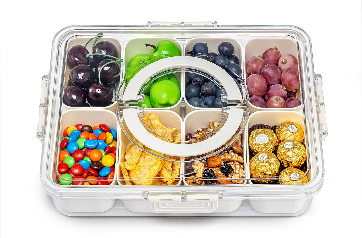 Pure Future Air-tight Snack Box Container, Divided Fruit Veggie Serving Tray Snackle Box Charcuterie Board with Handle-Lid for Candy Nuts, Travel, and Party Use, Clear Organizer Snack Box
