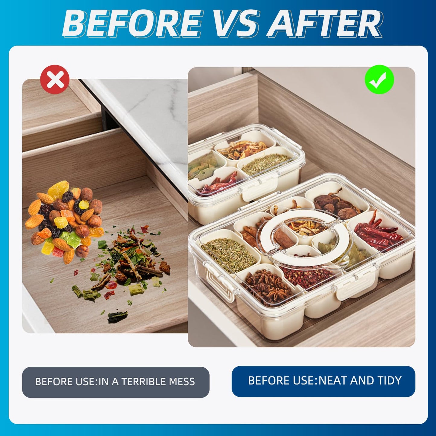 Pure Future Air-tight Snack Box Container, Divided Fruit Veggie Serving Tray Snackle Box Charcuterie Board with Handle-Lid for Candy Nuts, Travel, and Party Use, Clear Organizer Snack Box