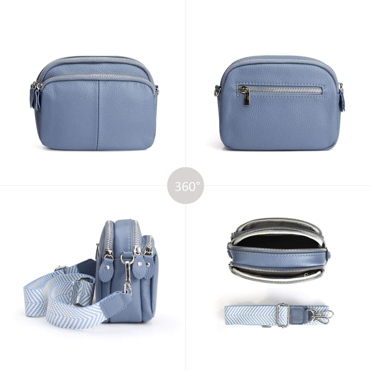 befen Triple Zip Small Real Leather Camera Crossbody Bag for Women Cell Phone Purse Shoulder Handbag with Wide Strap Air Force Blue