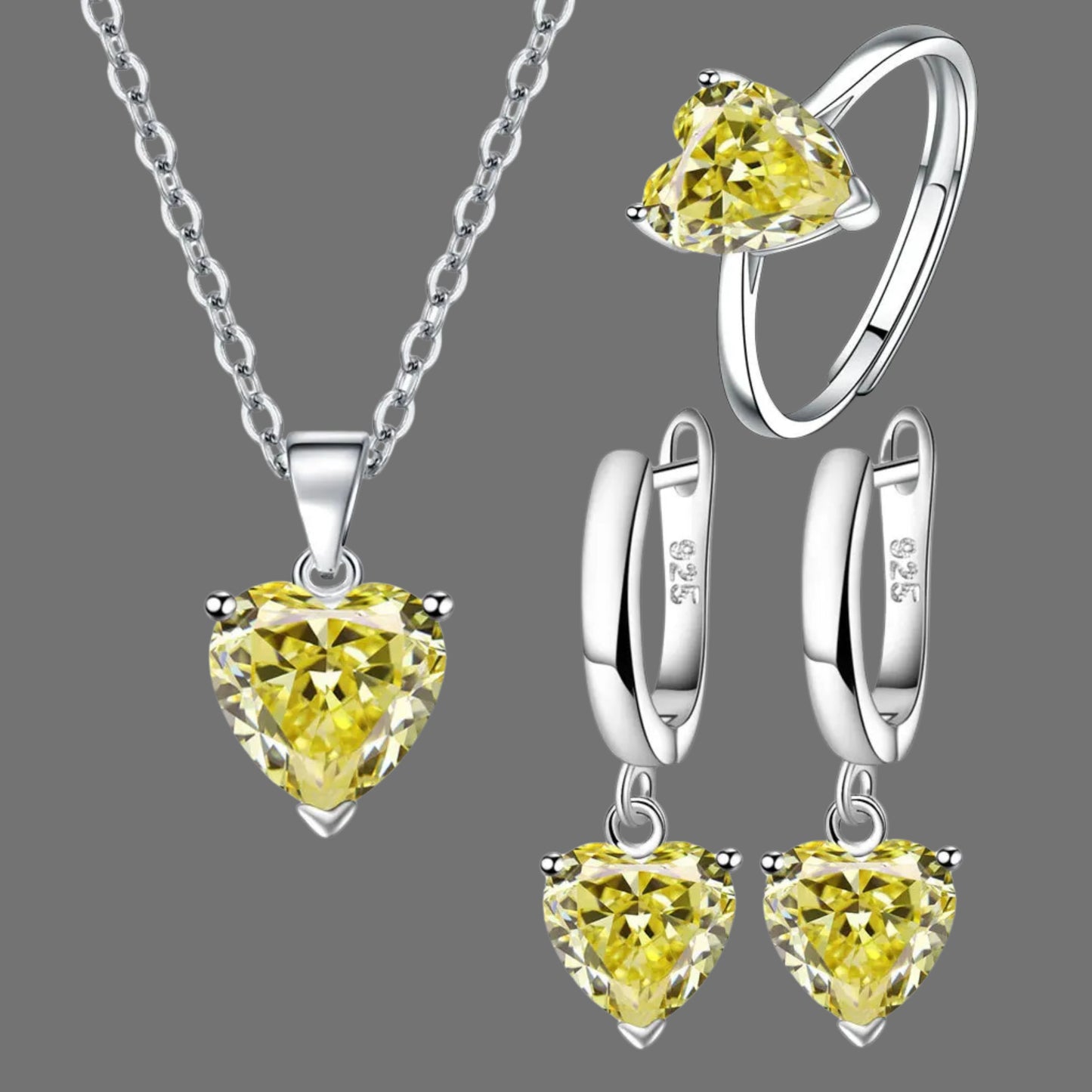 Heart Glow: Sterling Silver Ring, Earrings & Necklace Set
