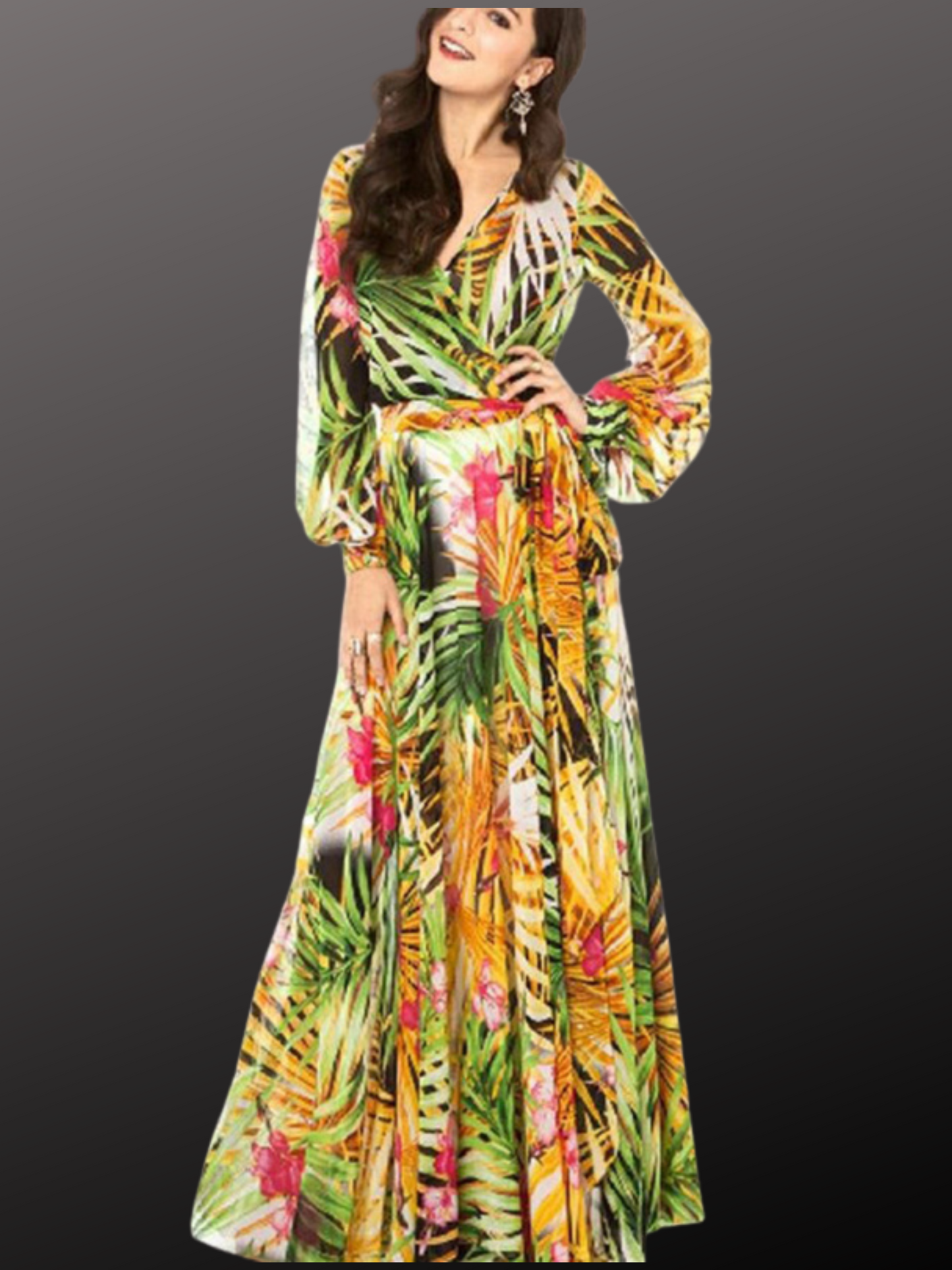 Flowing Grace: Leaf Print Lantern Sleeve Dress