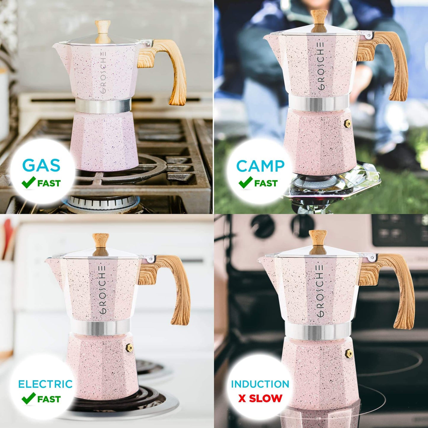 GROSCHE Milano Stovetop Moka Espresso Maker (Pink)