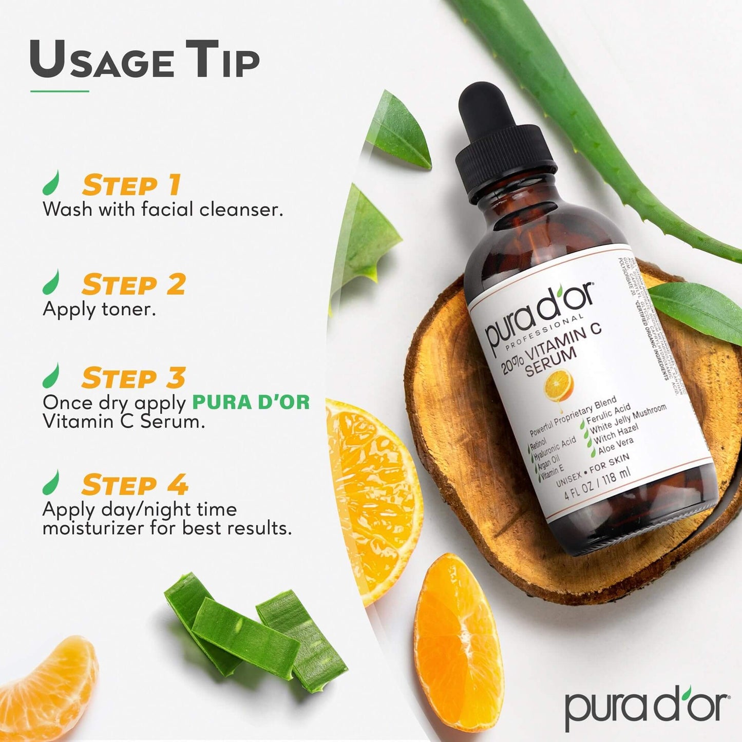 Age-Defying: PURA D'OR Vitamin C Serum 4oz – Lightweight Formula for Glowing Skin