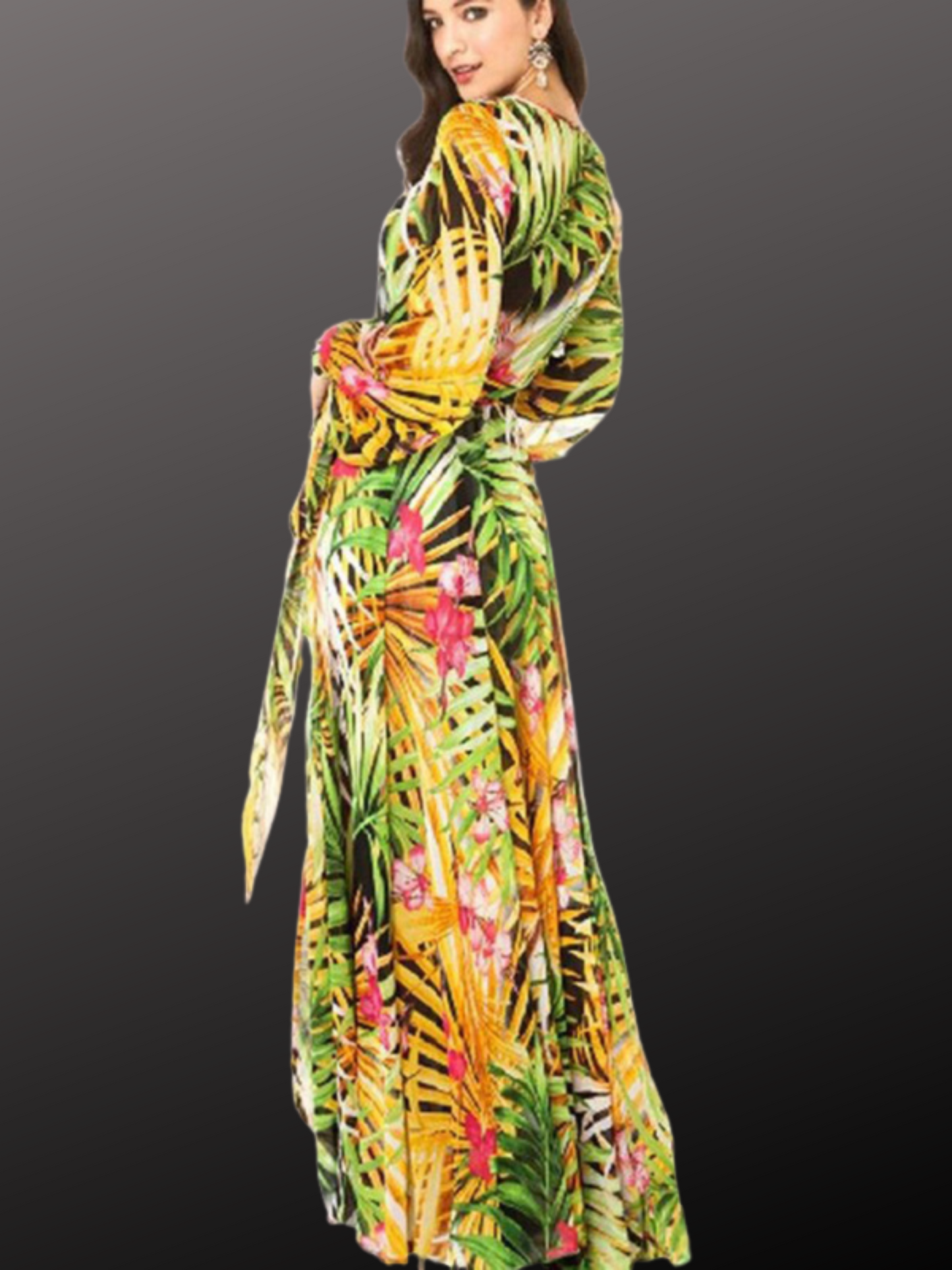Flowing Grace: Leaf Print Lantern Sleeve Dress
