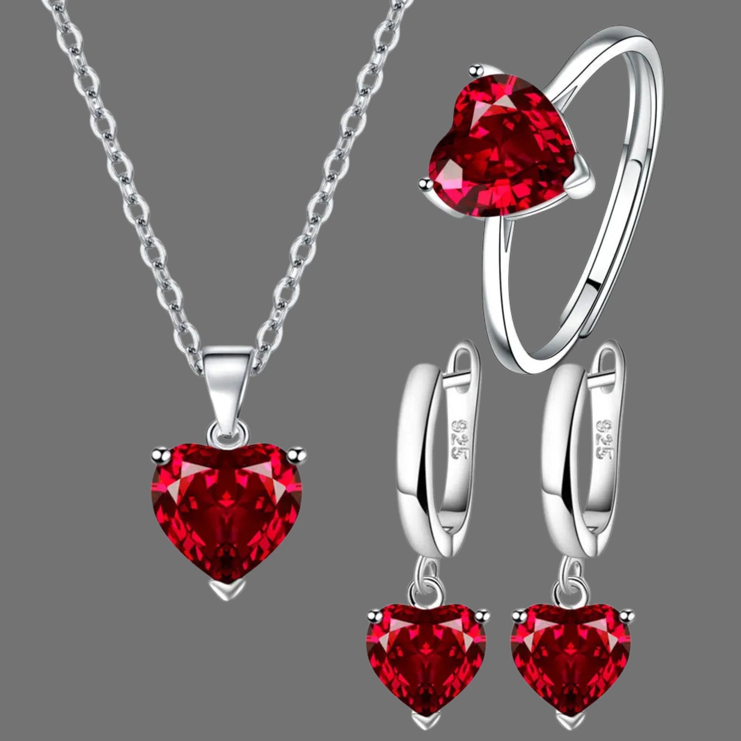 Heart Glow: Sterling Silver Ring, Earrings & Necklace Set