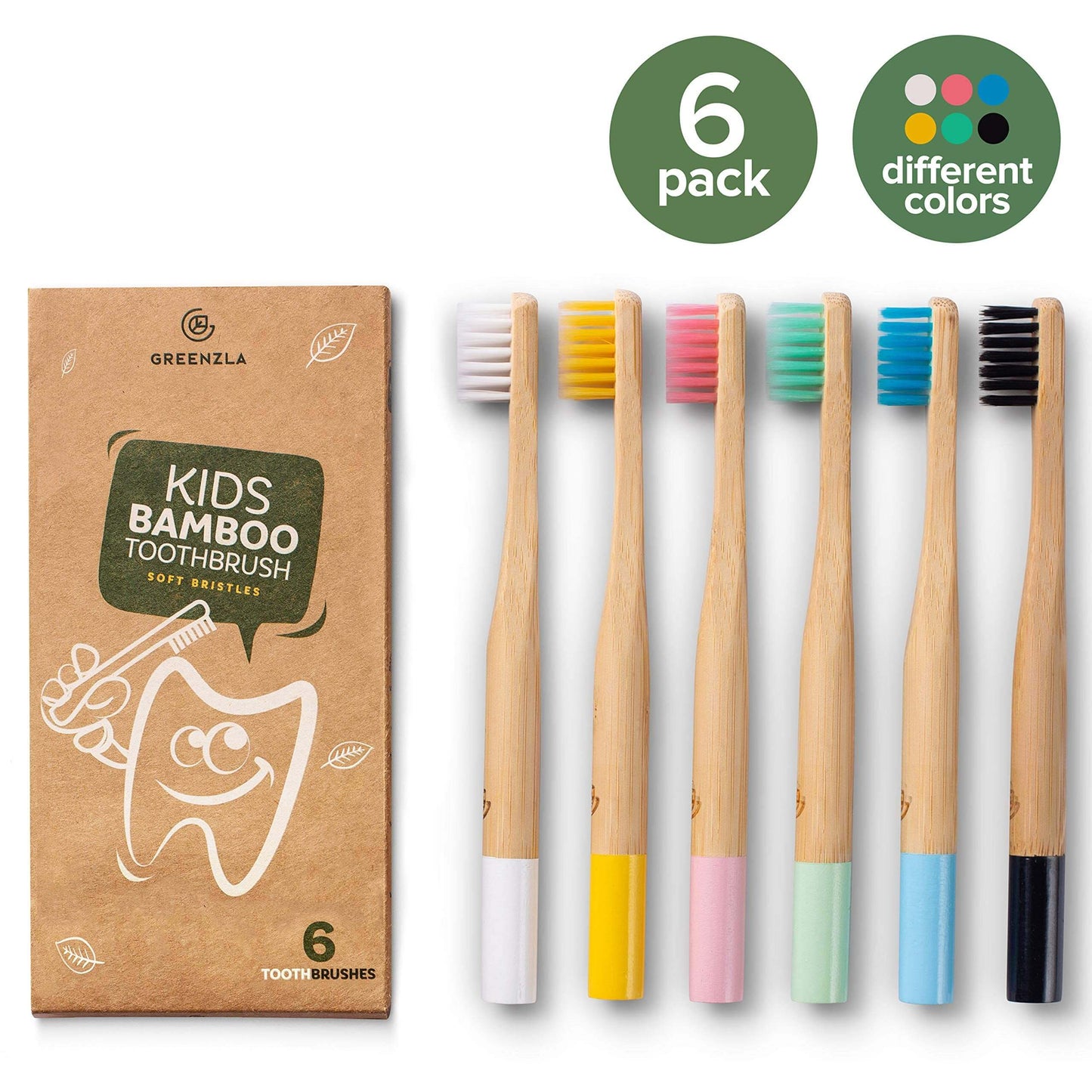 Greenzla Kids Bamboo Toothbrushes (6 Pack) | BPA Free Soft Bristles Toothbrushes | Eco-Friendly, Natural Bamboo Toothbrush Set | Biodegradable & Compostable Charcoal Wooden Toothbrushes