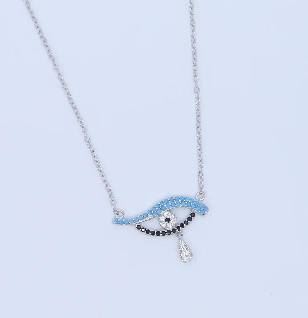 925 Sterling Silver Turkish Evil Eye Drop Necklace with CZ