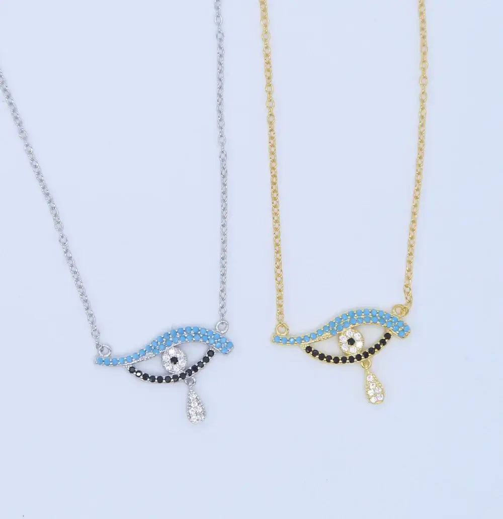 925 Sterling Silver Turkish Evil Eye Drop Necklace with CZ