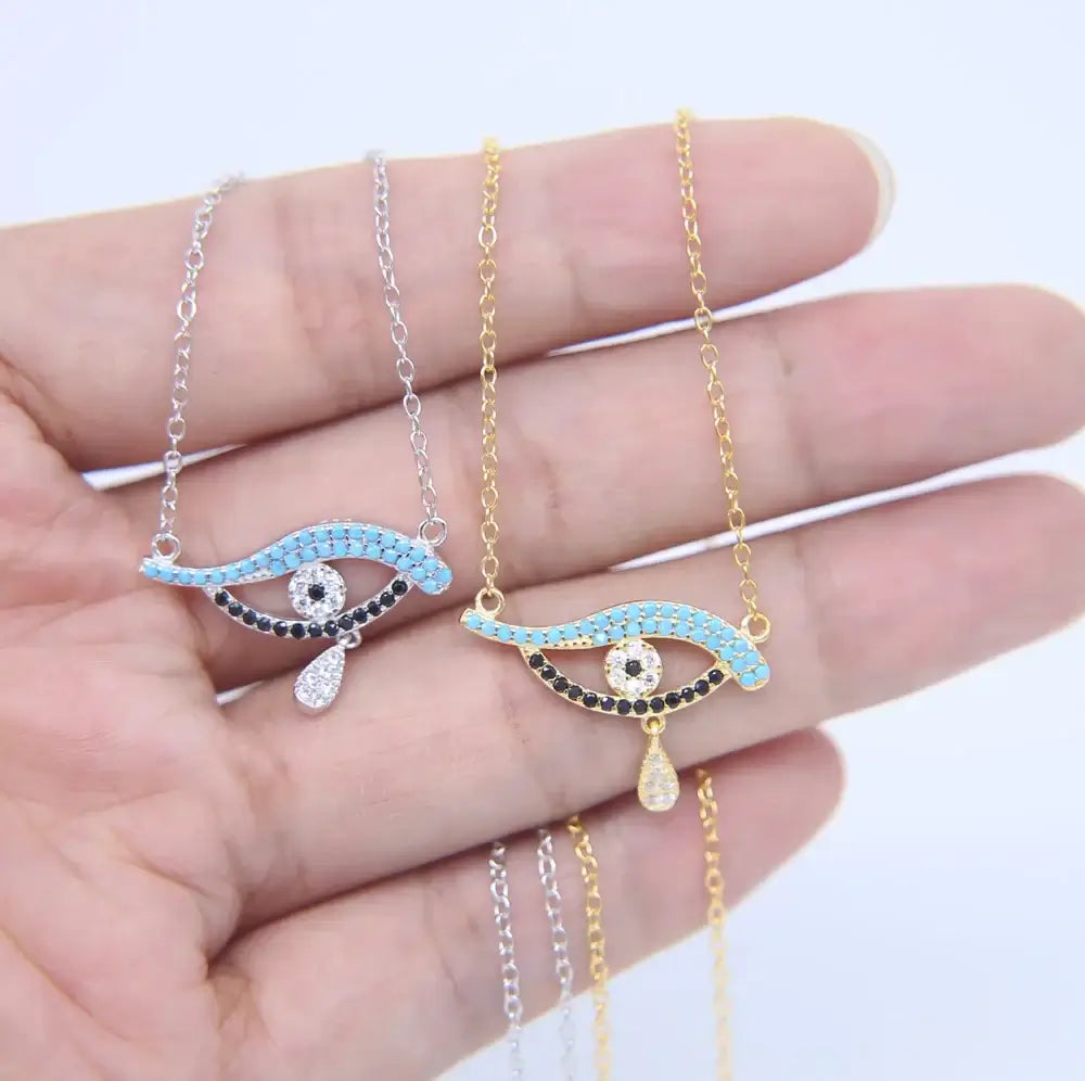 925 Sterling Silver Turkish Evil Eye Drop Necklace with CZ
