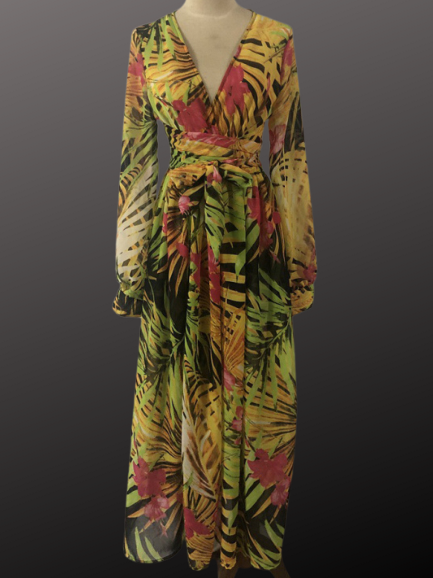 Flowing Grace: Leaf Print Lantern Sleeve Dress