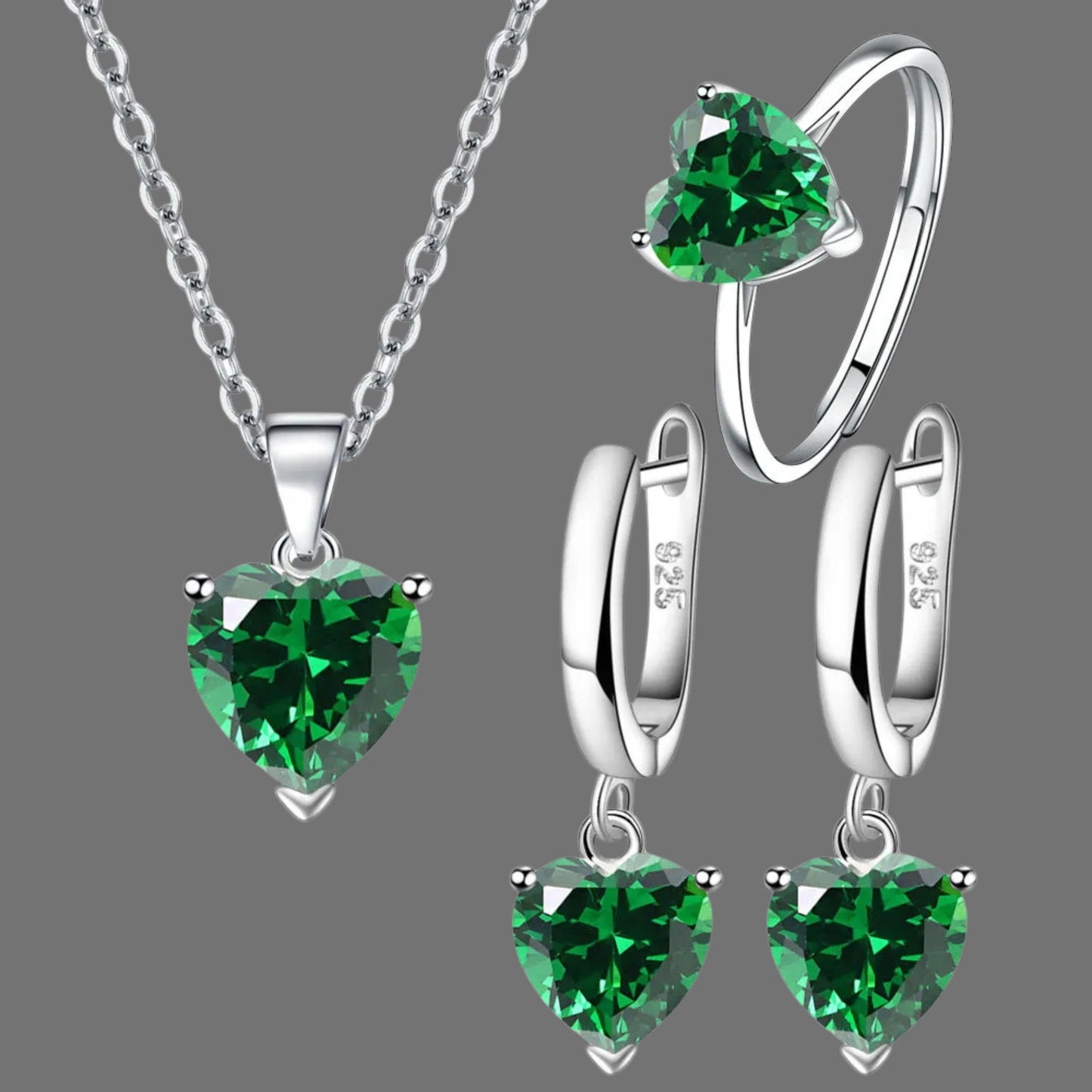 Heart Glow: Sterling Silver Ring, Earrings & Necklace Set