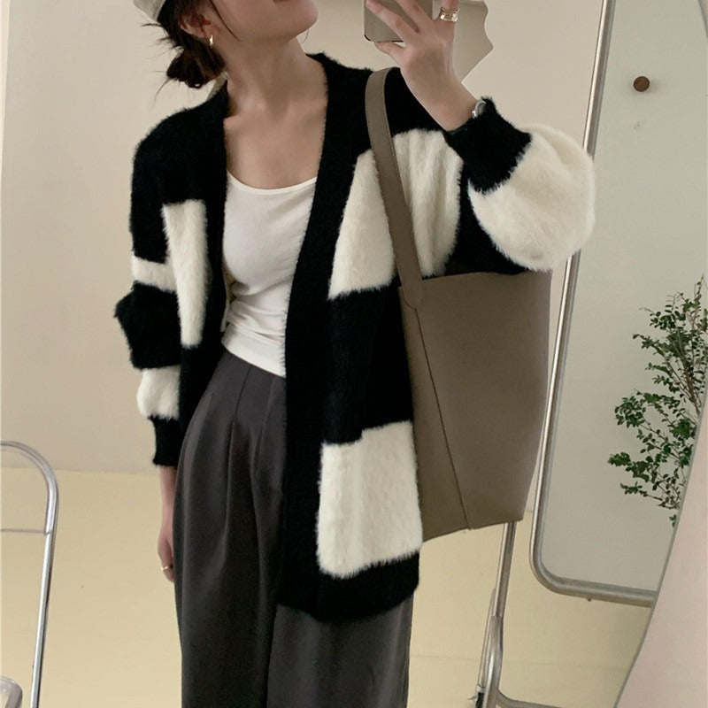 V-neck imitation mink velvet versatile knitted cardigan | GreenLifeHuman Emporium