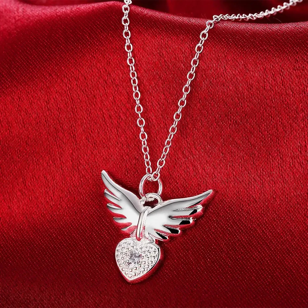 Heart Wings 925 Sterling Silver Zircon Pendant Necklace