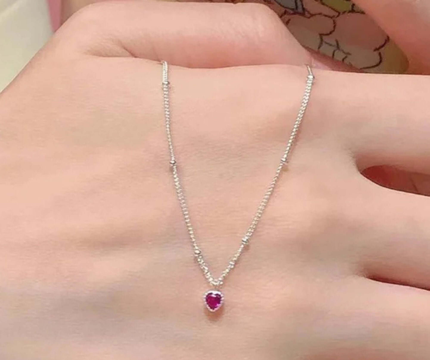S925 Sterling Silver Heart Necklace with Red Crystal Pendant
