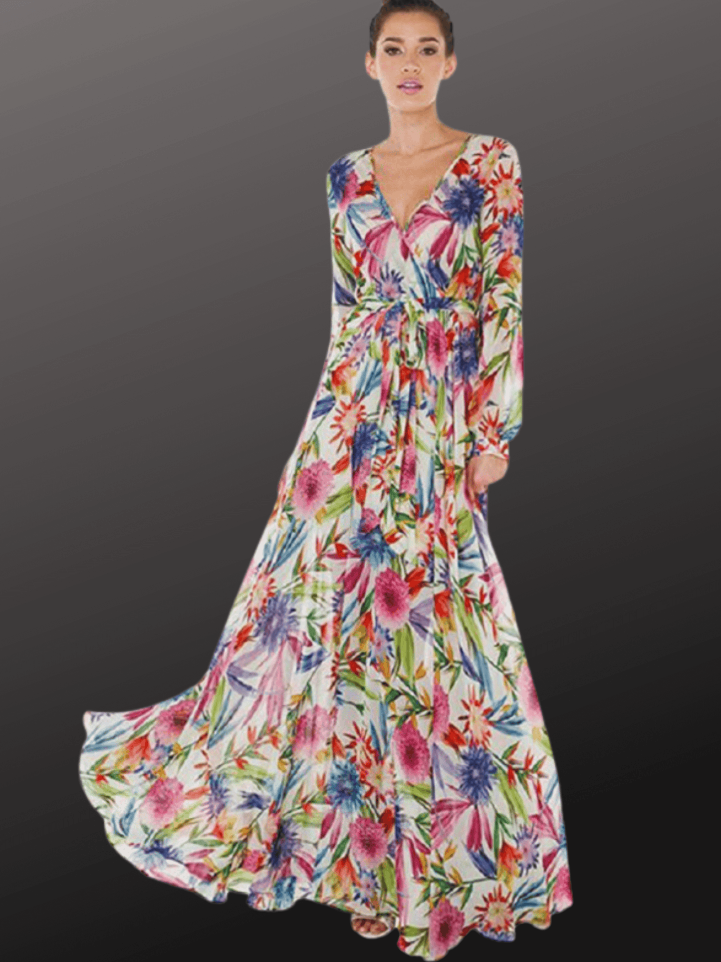 Flowing Grace: Leaf Print Lantern Sleeve Dress