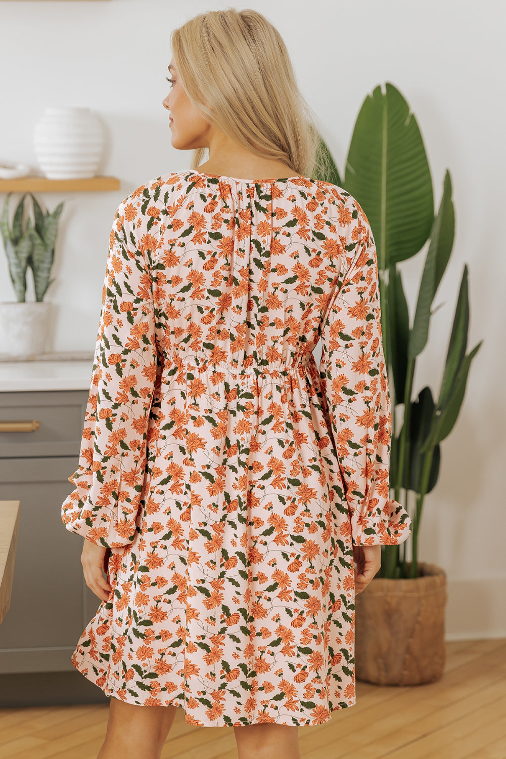 Floral Elegance: Floral Beige Babydoll Dress 100% Viscose