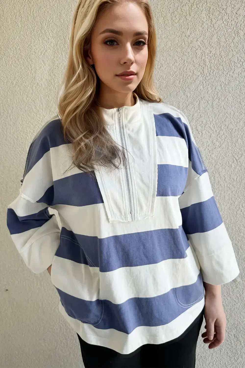 Stripe Luxe: Pima Cotton Half Zip Mock Neck Top