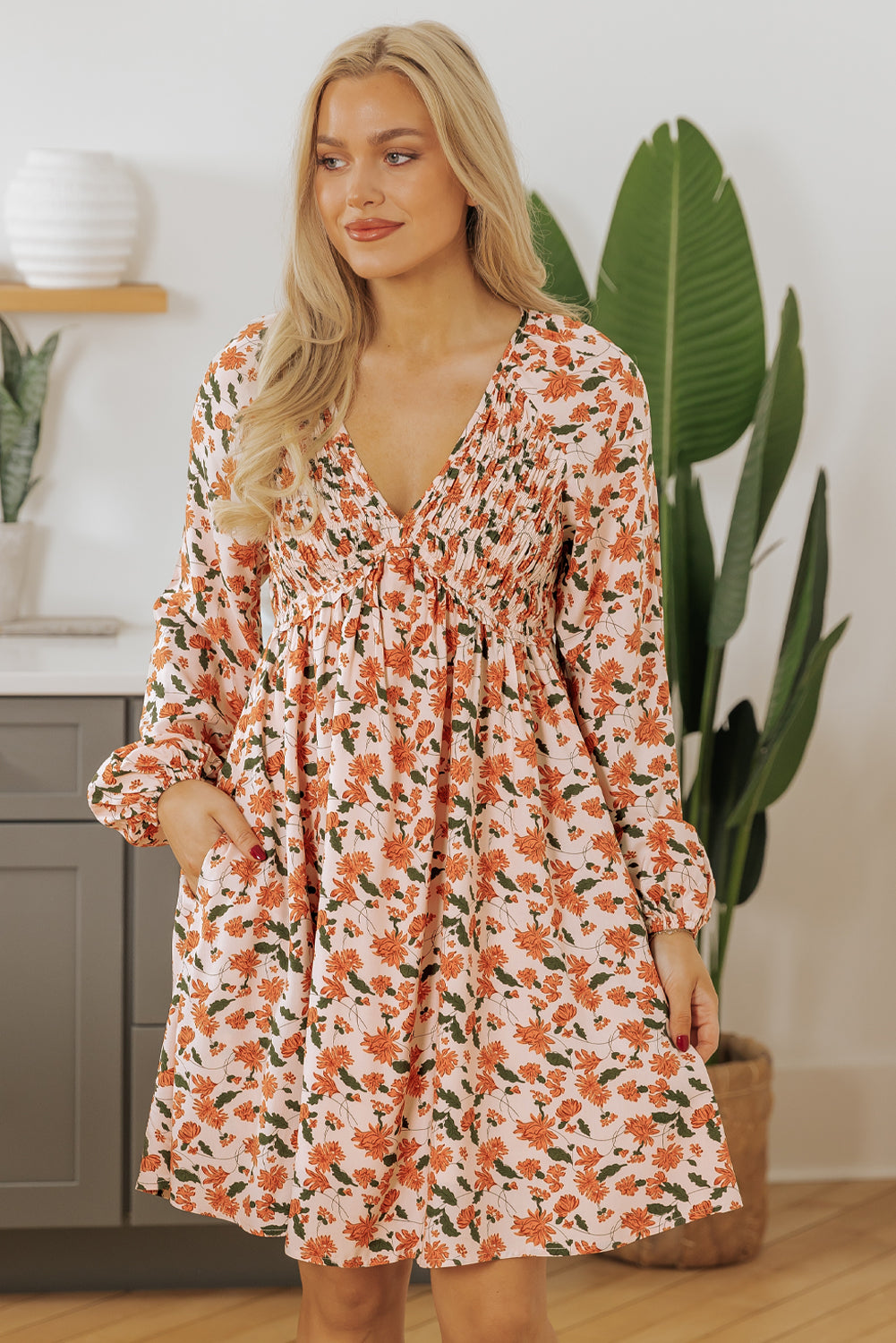 Floral Elegance: Floral Beige Babydoll Dress 100% Viscose