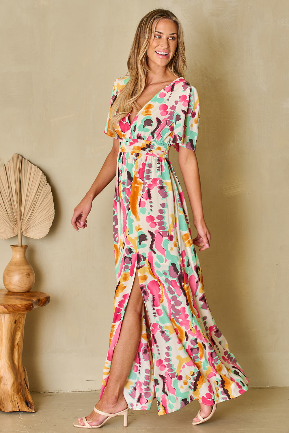 Floral Breeze: Surplice Short Sleeve Maxi Dress with Slit