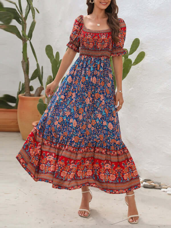 Boho Beauty: Puff Sleeve Off-Shoulder Floral Midi Dress