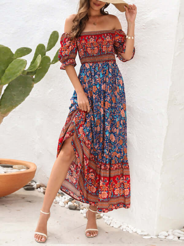 Boho Beauty: Puff Sleeve Off-Shoulder Floral Midi Dress