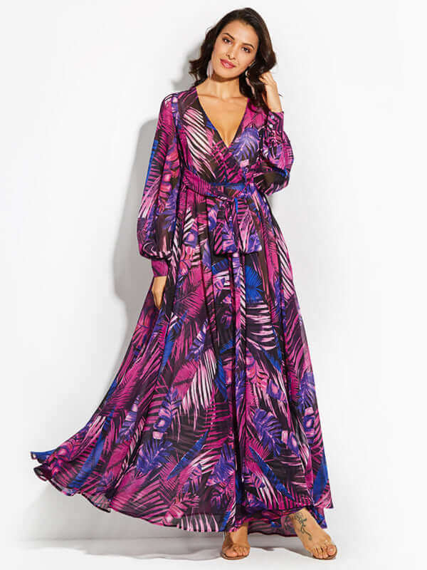 Flowing Grace: Leaf Print Lantern Sleeve Dress