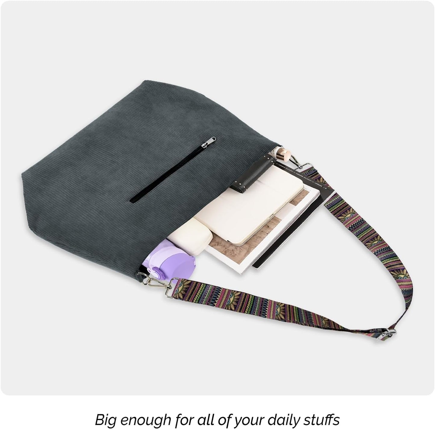 Large Corduroy Shoulder Tote Bag with Zipper and Pockets | GreenLifeHuman Emporium