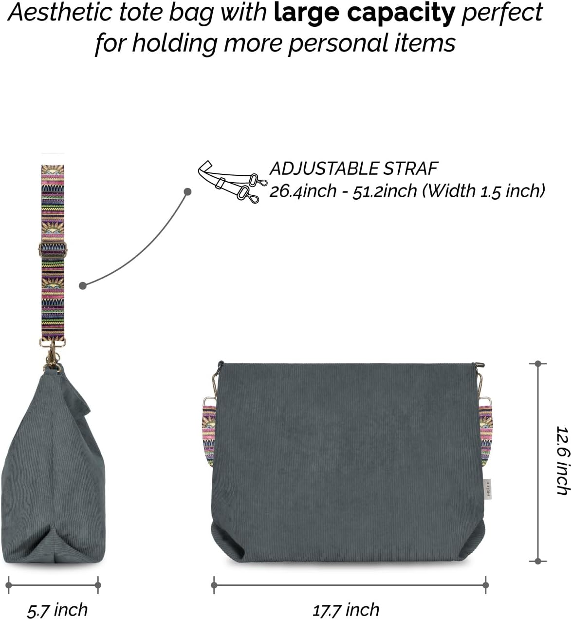 Large Corduroy Shoulder Tote Bag with Zipper and Pockets | GreenLifeHuman Emporium