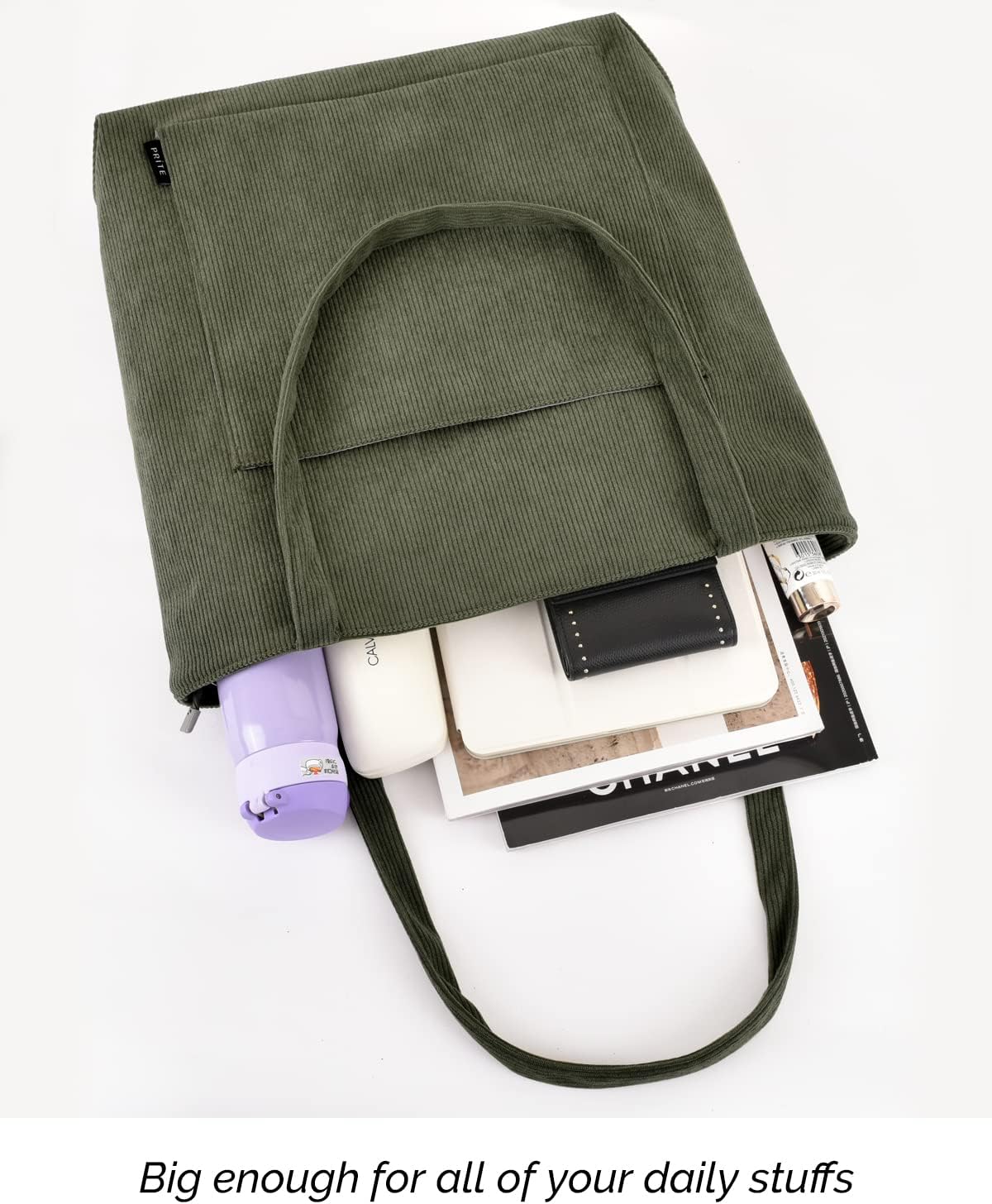 Large Corduroy Shoulder Tote Bag with Zipper and Pockets | GreenLifeHuman Emporium