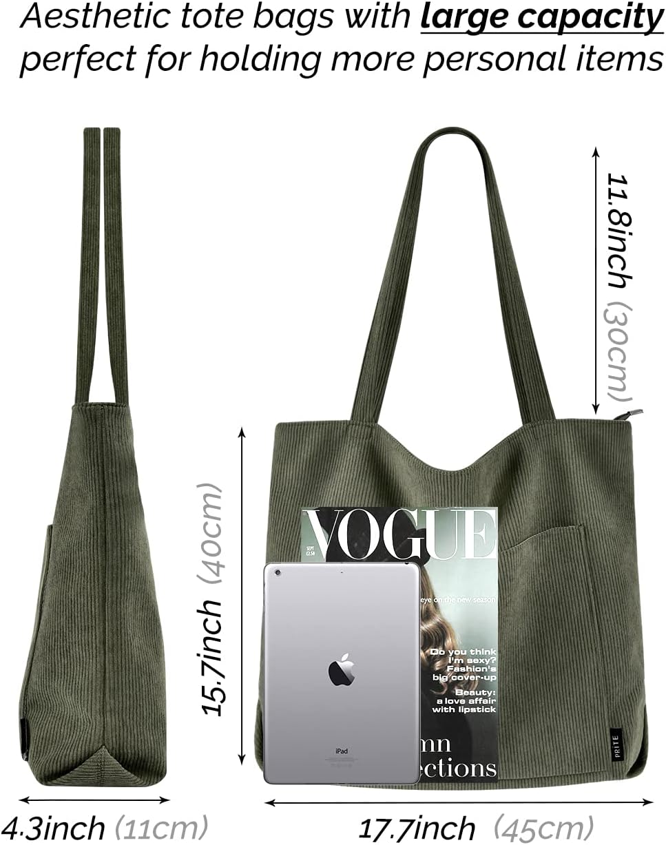Large Corduroy Shoulder Tote Bag with Zipper and Pockets | GreenLifeHuman Emporium
