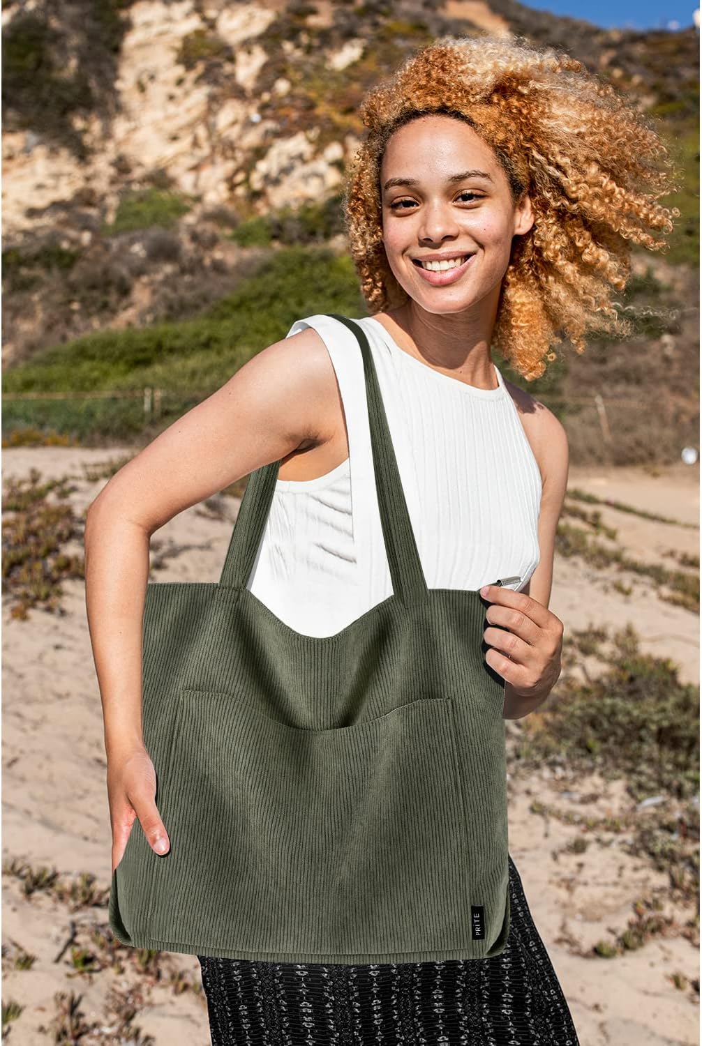Large Corduroy Shoulder Tote Bag with Zipper and Pockets | GreenLifeHuman Emporium